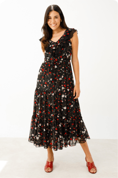 Black Flower High Waist Dress